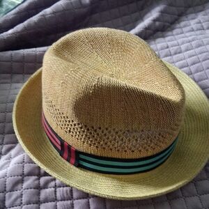 Stylish Tan Fedora Hat with Multicolor Band